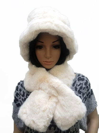 Faux Fur Bucket Hat and Scarf Set (A915)